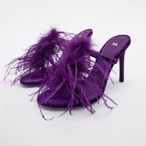 Zara Feathered Velvet Heeled Sandals SIZE 8